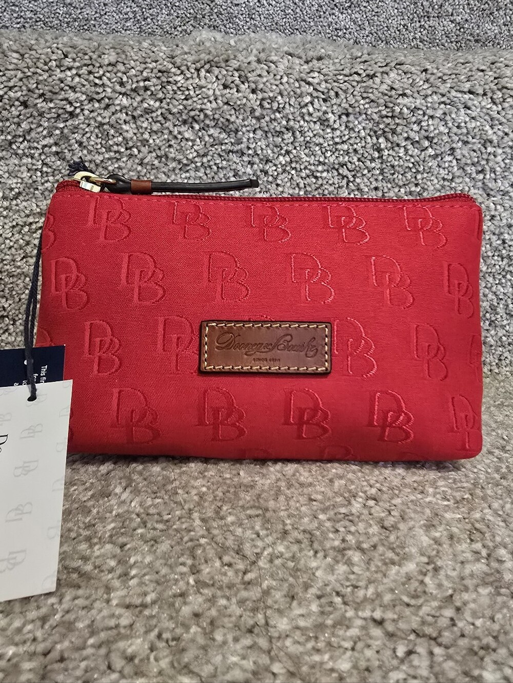 Dooney & Bourke Red Embossed Logo Cosmetic Pouch with Leather Trim